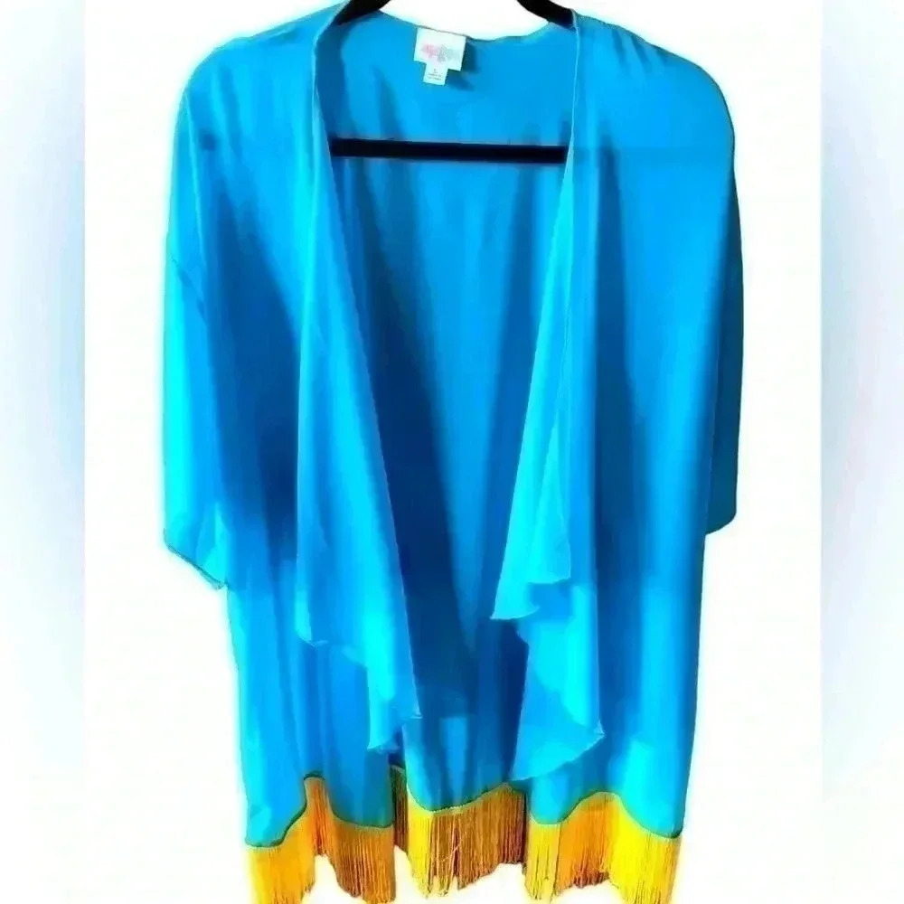 Lularoe Large Monroe kimono - turquoise blue & yellow fringe. NWT.‎ Boho!